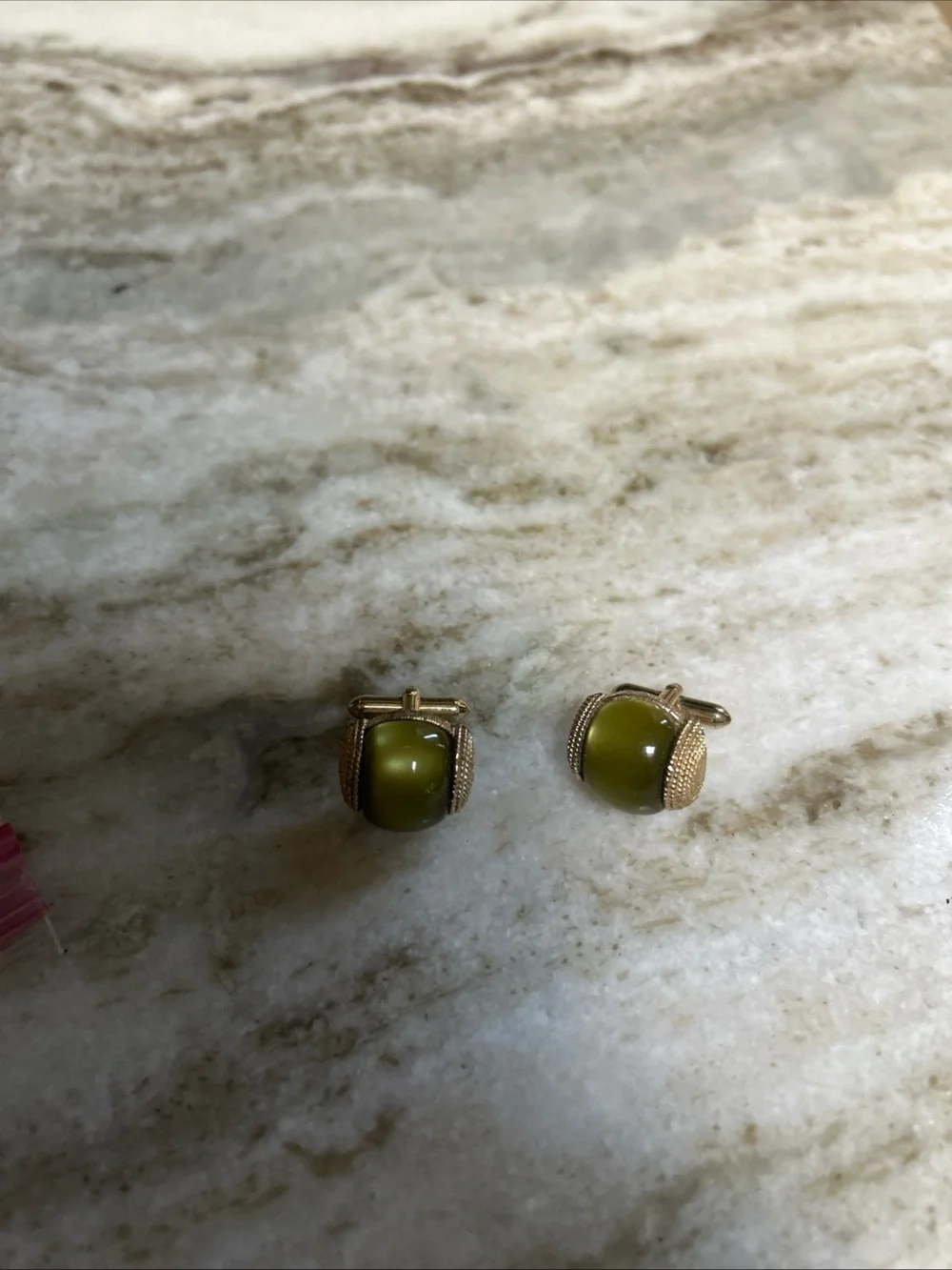 Green Cabochon & Gold Tone Watchband Vintage SWANK Cuff Links men